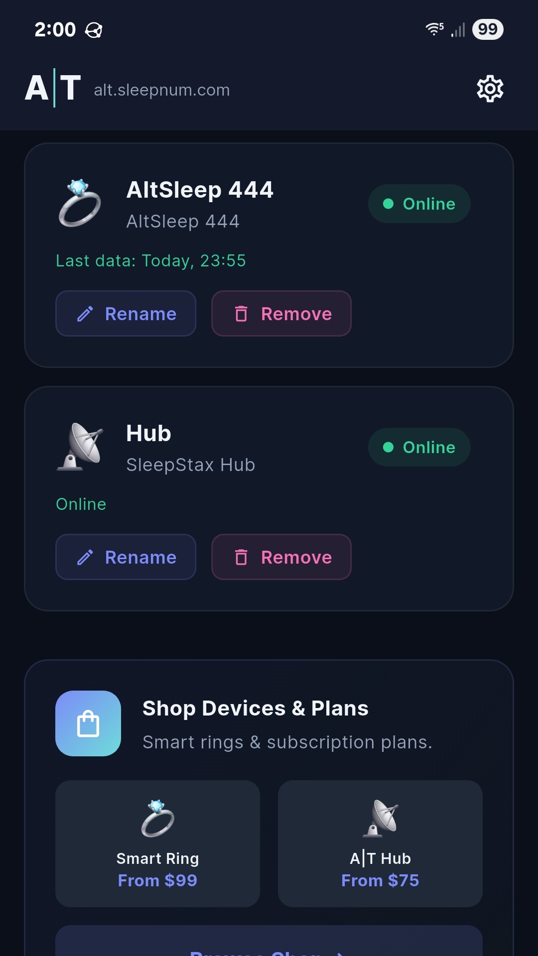 A|T Sleep device source cards in the mobile app